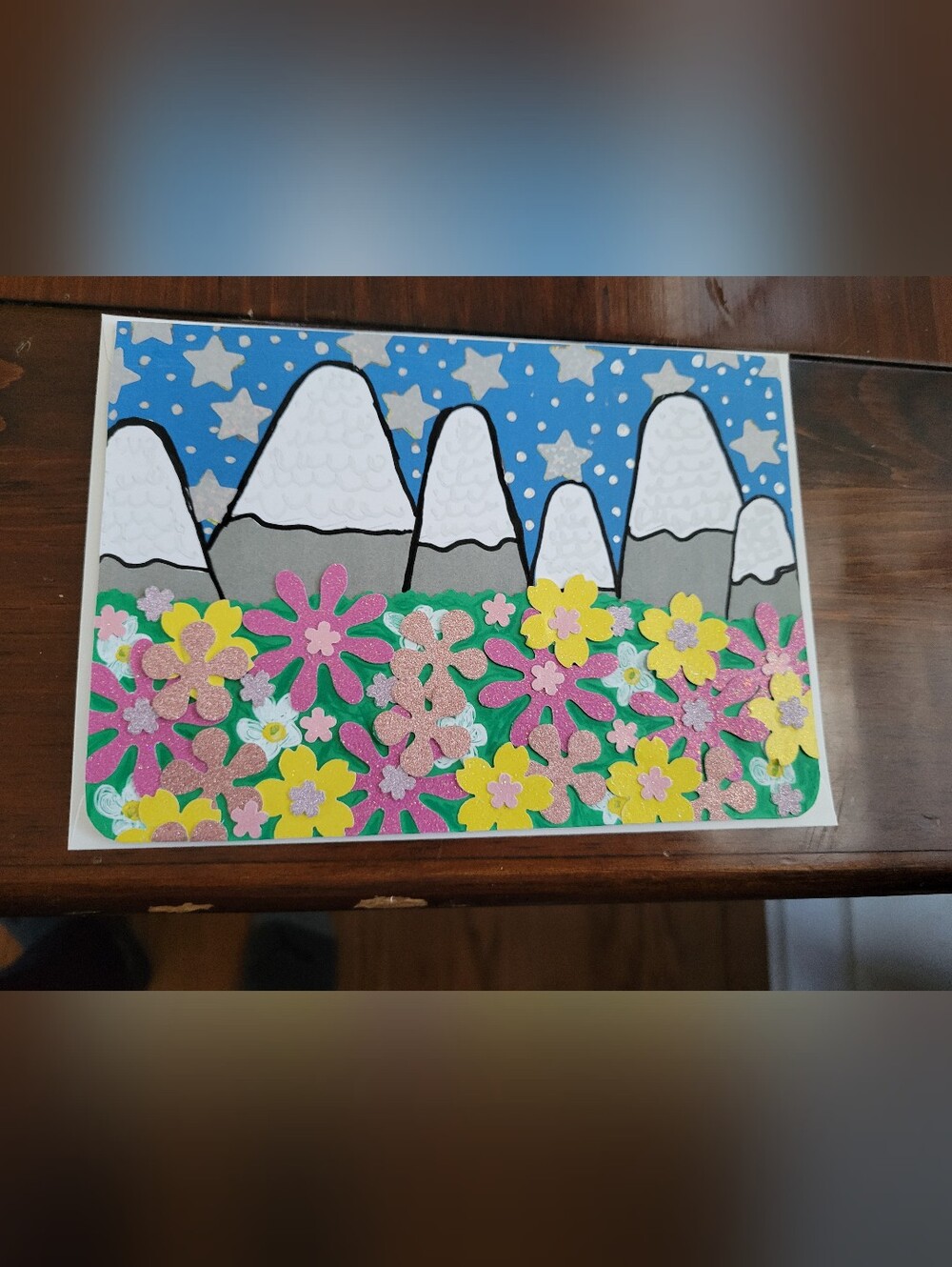 Handmade Mountain & Flower Scene Greeting Card W/White Envelope, Blank, 5"x7"